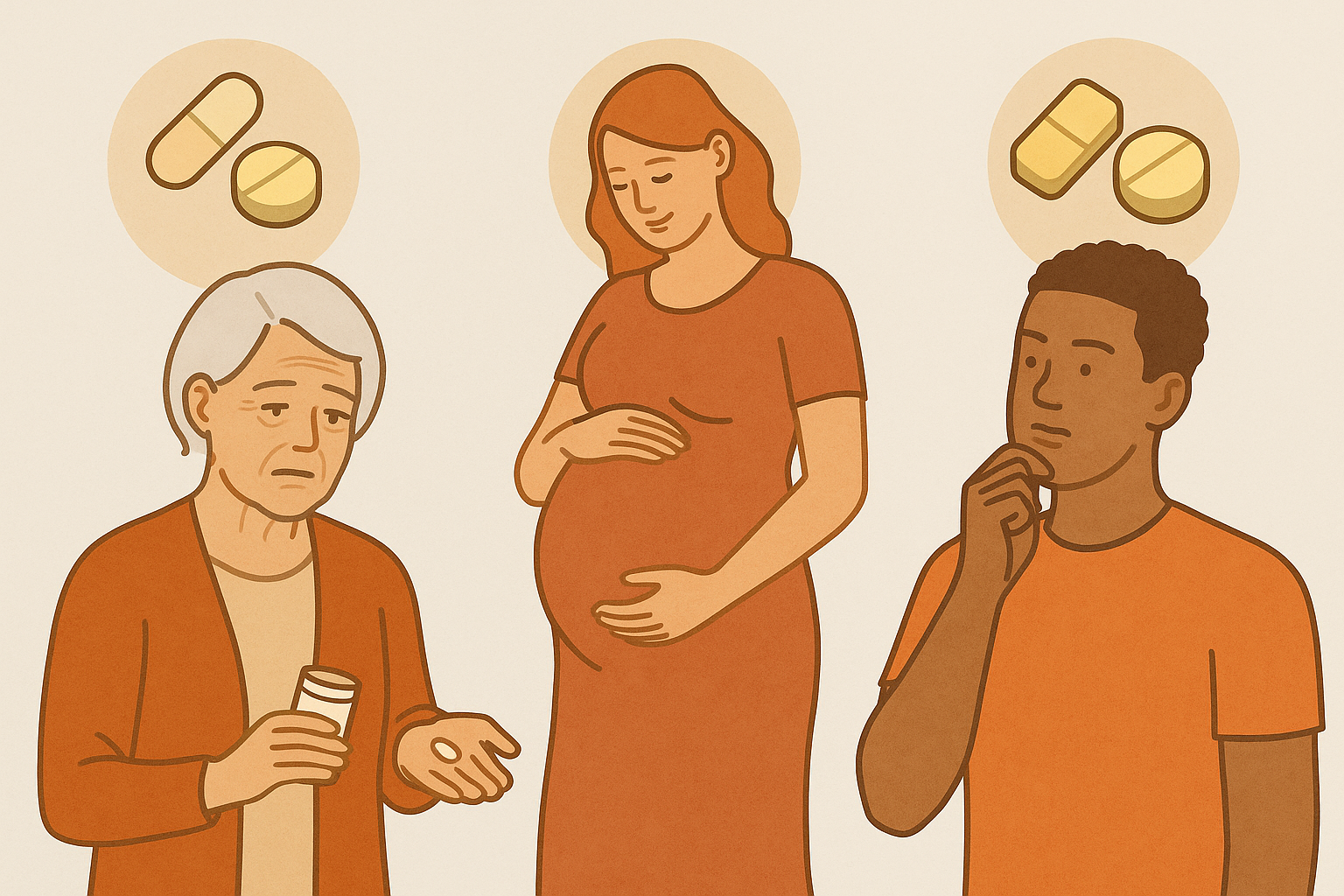 Illustrasjon av eldre kvinne, gravid kvinne og ung mann med tilskuddsikoner, symboliserer behov for ekstra næringstilskudd.