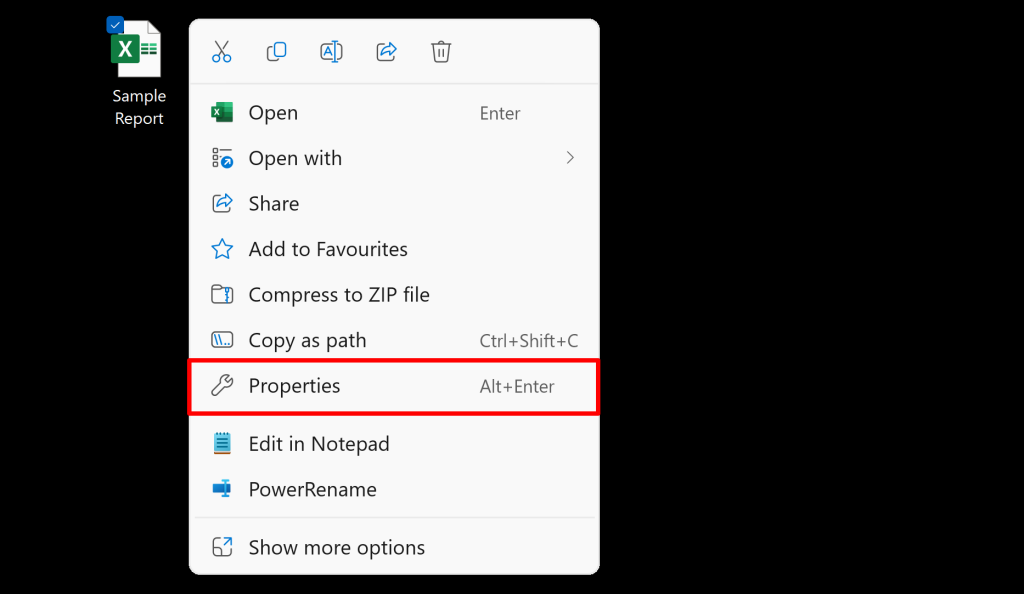 "Properties" option highlighted in Windows context menu