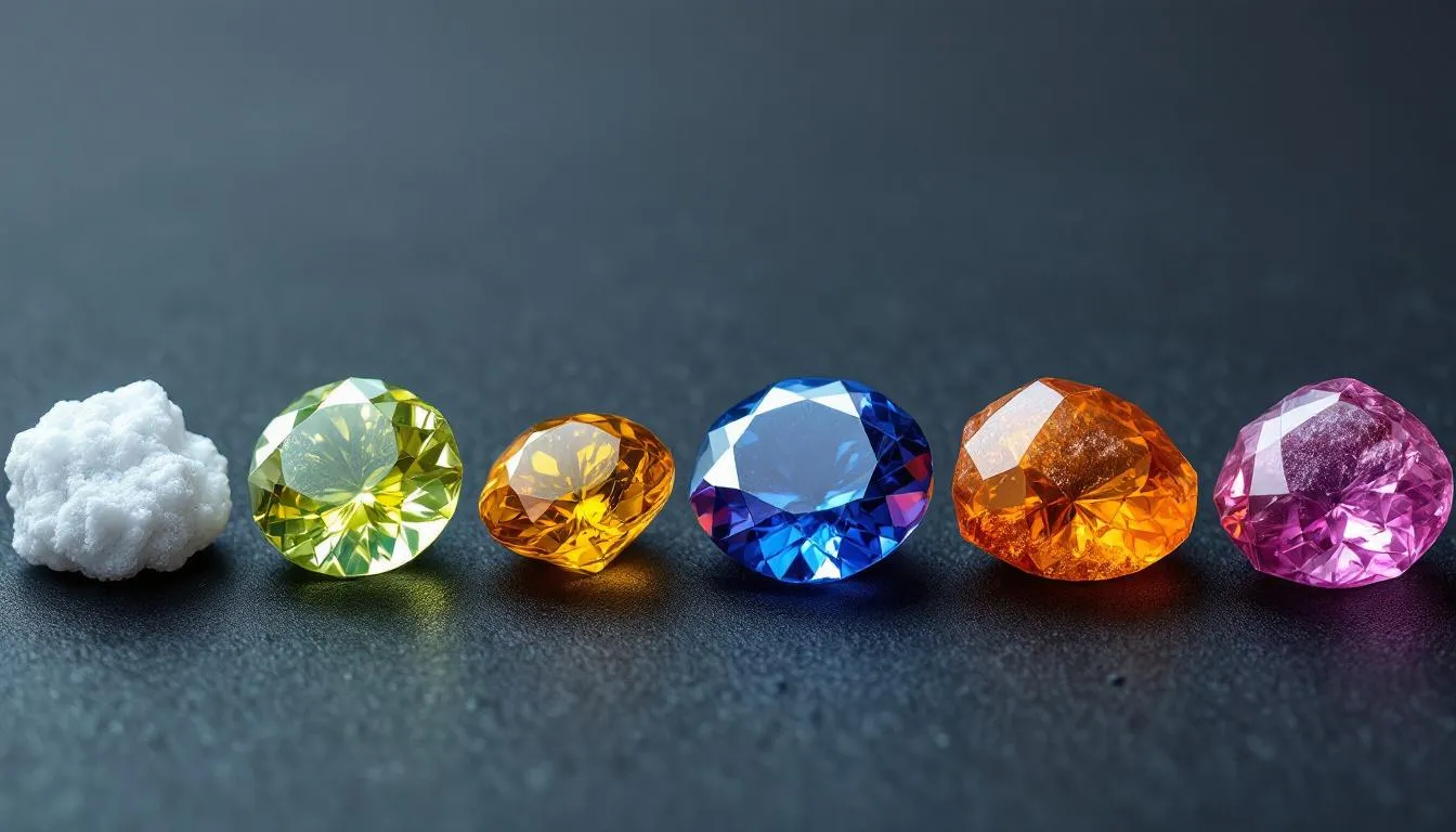 A close-up view showcases a variety of colorful gemstones arranged according to the Mohs hardness scale, highlighting their unique textures and surfaces, from the softest gemstones like opal to the hardest minerals such as diamond. This arrangement illustrates the concept of gemstone hardness and durability, essential for choosing stones for jewelry like engagement rings and everyday wear.