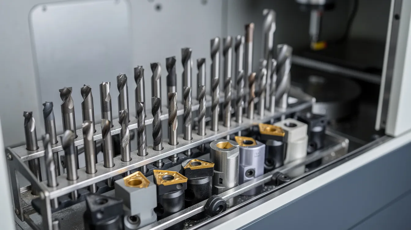 An array of carbide end mills, drill bits, and indexable inserts is neatly arranged on a tool rack beside a CNC machine, showcasing various cutting tools essential for the CNC machining process. This setup highlights the precision required in modern manufacturing and the tools used for machining operations to produce high-quality components.
