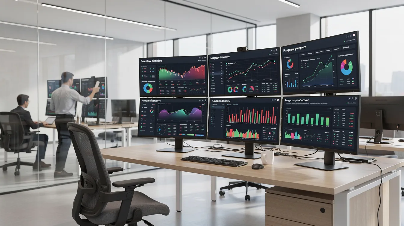 W nowoczesnym biurze finansowym znajduje się wiele monitorów, na których wyświetlane są dashboardy oraz wykresy przepływów pieniężnych, co ilustruje zastosowanie zaawansowanych technologii w automatyzacji rozrachunków i analizy danych. Pracownicy korzystają z narzędzi opartych na sztucznej inteligencji, co zwiększa efektywność procesów finansowych w czasie rzeczywistym.