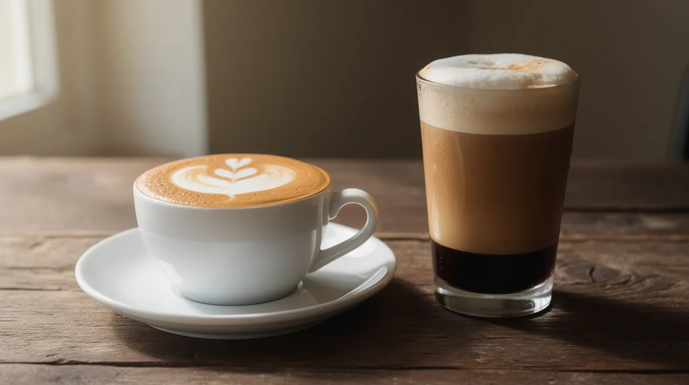 Auf einem Holztisch stehen zwei Kaffeegetränke nebeneinander: Ein Cappuccino in einer breiten weißen Tasse, dekoriert mit cremigem Milchschaum und kunstvoller Latte Art, und ein Latte Macchiato in einem hohen transparenten Glas, das durch seine sichtbaren Schichten besticht. Beide Getränke repräsentieren die Vielfalt der Kaffeespezialitäten und laden zum Genuss ein.