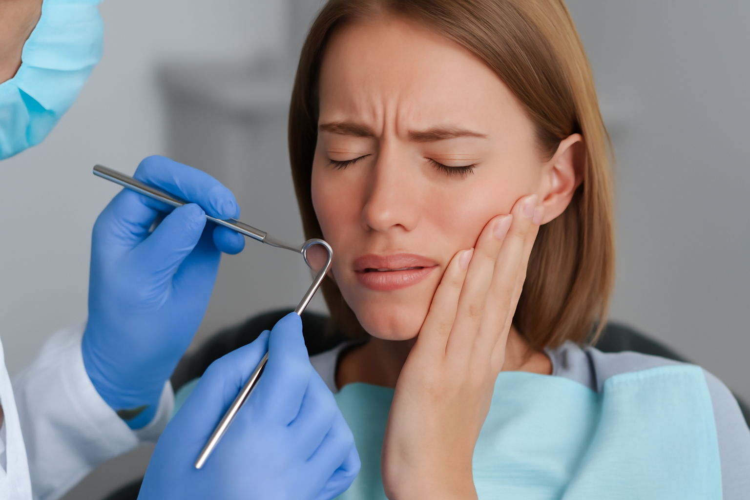 Pasient med tannverk under undersøkelse før rotfylling.
