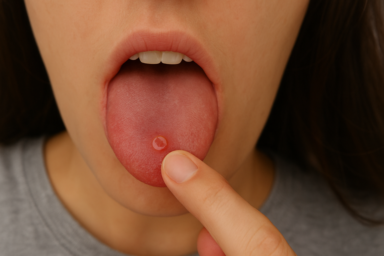 Sår på Tunga: Et Lite Sår med Mye Irritasjon 2 Nærbilde av tunge med smertefull blemme på tuppen, en finger peker på området mens munnen er åpen i nøytral positur.