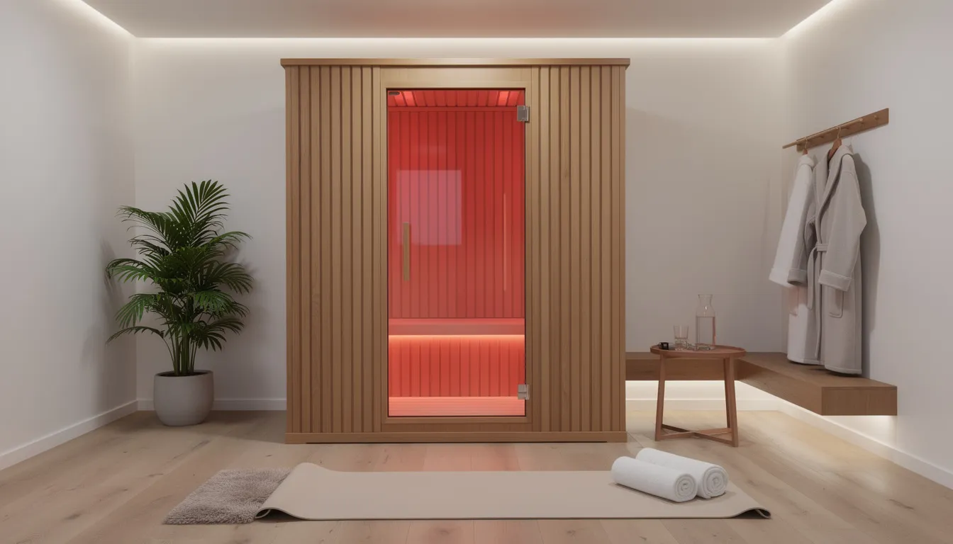 The image showcases a modern home wellness room featuring a wooden infrared sauna with a glass door and ambient lighting, highlighting the sauna's energy efficiency and sleek design. This space emphasizes the therapeutic benefits of infrared heat, providing a comfortable environment for relaxation and wellness routines.