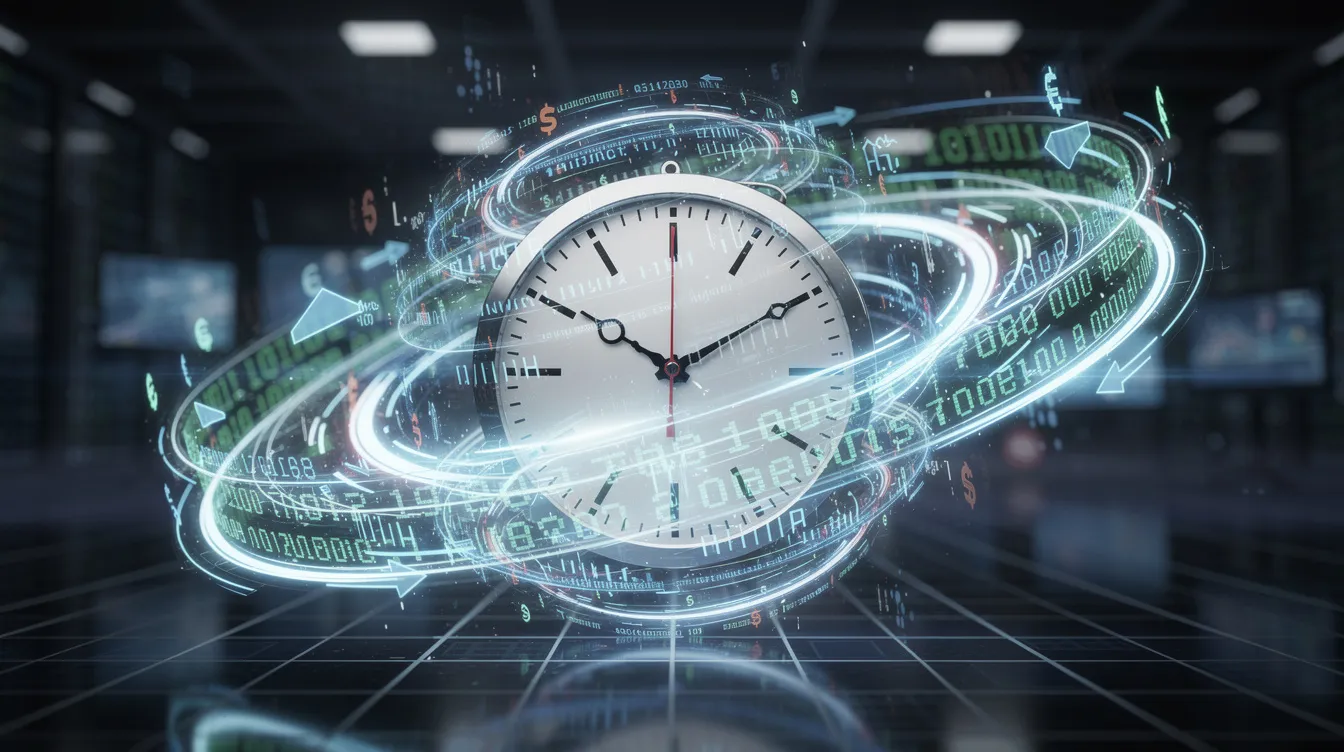 The image depicts a clock surrounded by flowing digital data streams, representing the speed of financial transactions in a global context. This visual symbolizes the efficiency of services like Wise Business, which facilitates international payments and multi-currency accounts with minimal fees and competitive exchange rates.