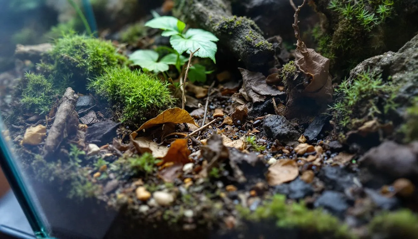 A vibrant bioactive terrarium showcases a diverse ecosystem where dwarf white isopods and tropical white springtails coexist among layers of leaf litter, decaying organic material, and sphagnum moss. The scene highlights the active movement of these small creatures as they feed on organic detritus, contributing to a healthy and balanced habitat.