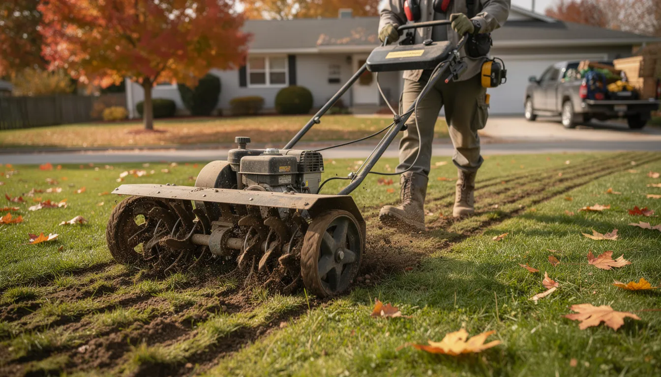 The image depicts a person aerating a lush green lawn using professional equipment on a crisp autumn day, demonstrating effective lawn care practices to promote healthy grass growth and soil health. The scene highlights the importance of regular maintenance for achieving a perfect lawn, even in the changing seasons.