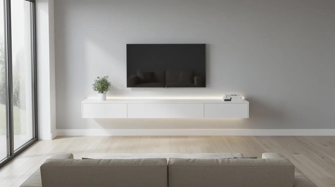 En vägghängd tv bänk i svart med smart förvaring och dolda kablar, placerad i ett stilrent och minimalistiskt vardagsrum. Den moderna designen ger rummet en elegant känsla och passar perfekt för både funktion och estetik.