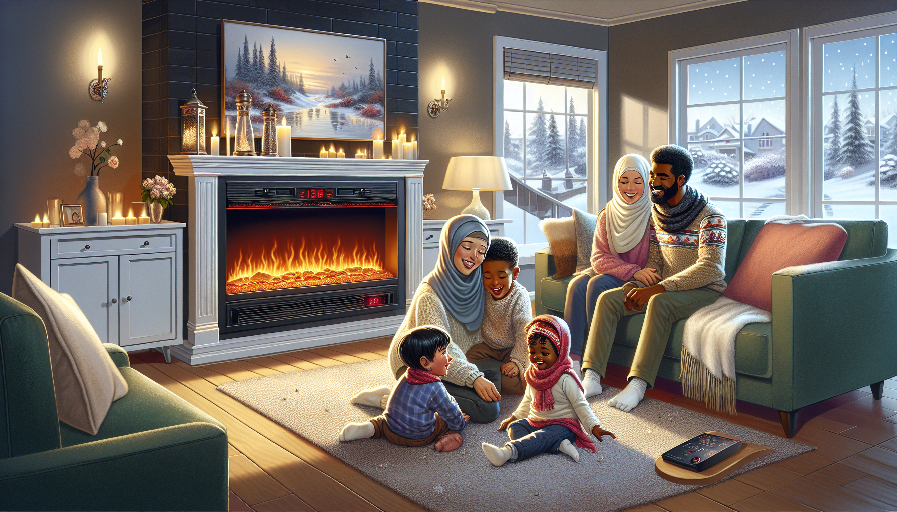 A cartoon depicting the benefits of electric fires, showcasing warmth and ease of use.