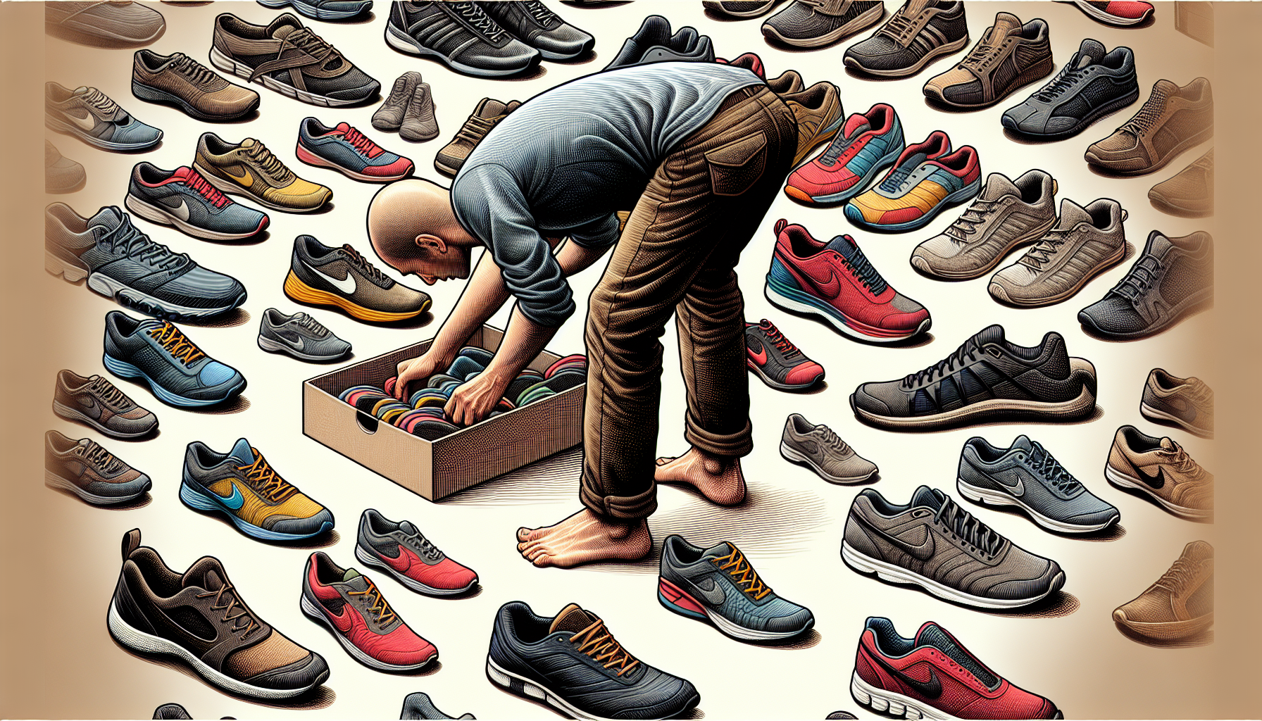 Illustration of a person selecting the right barefoot shoe based on flexibility and sole thickness