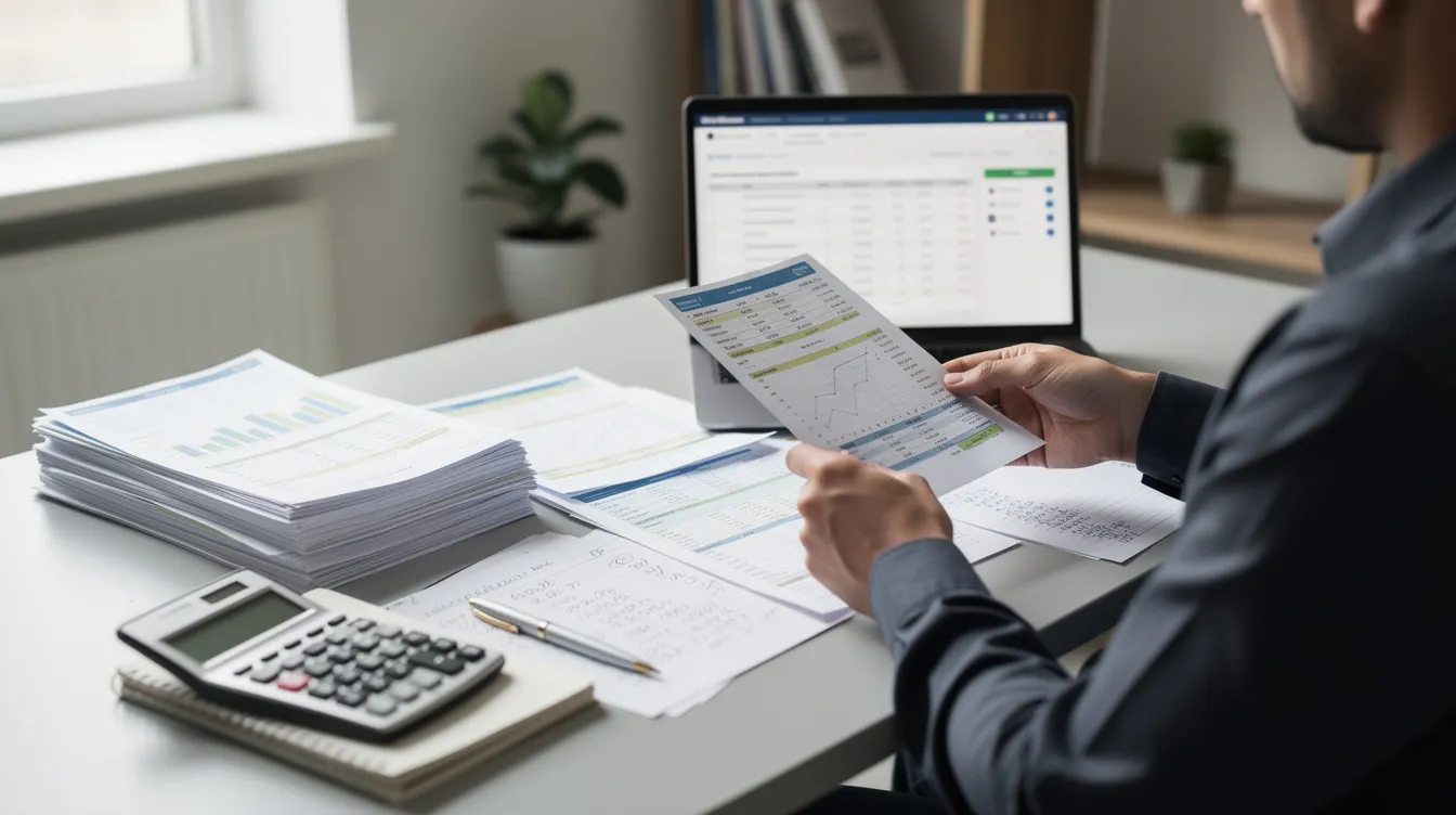 A person sits at a desk, intently reviewing financial documents and bank statements on a laptop, possibly assessing their eligibility for a mudra loan to support their small enterprise. The workspace is organized, reflecting a focus on managing cash flow and preparing necessary documents for a business loan application.