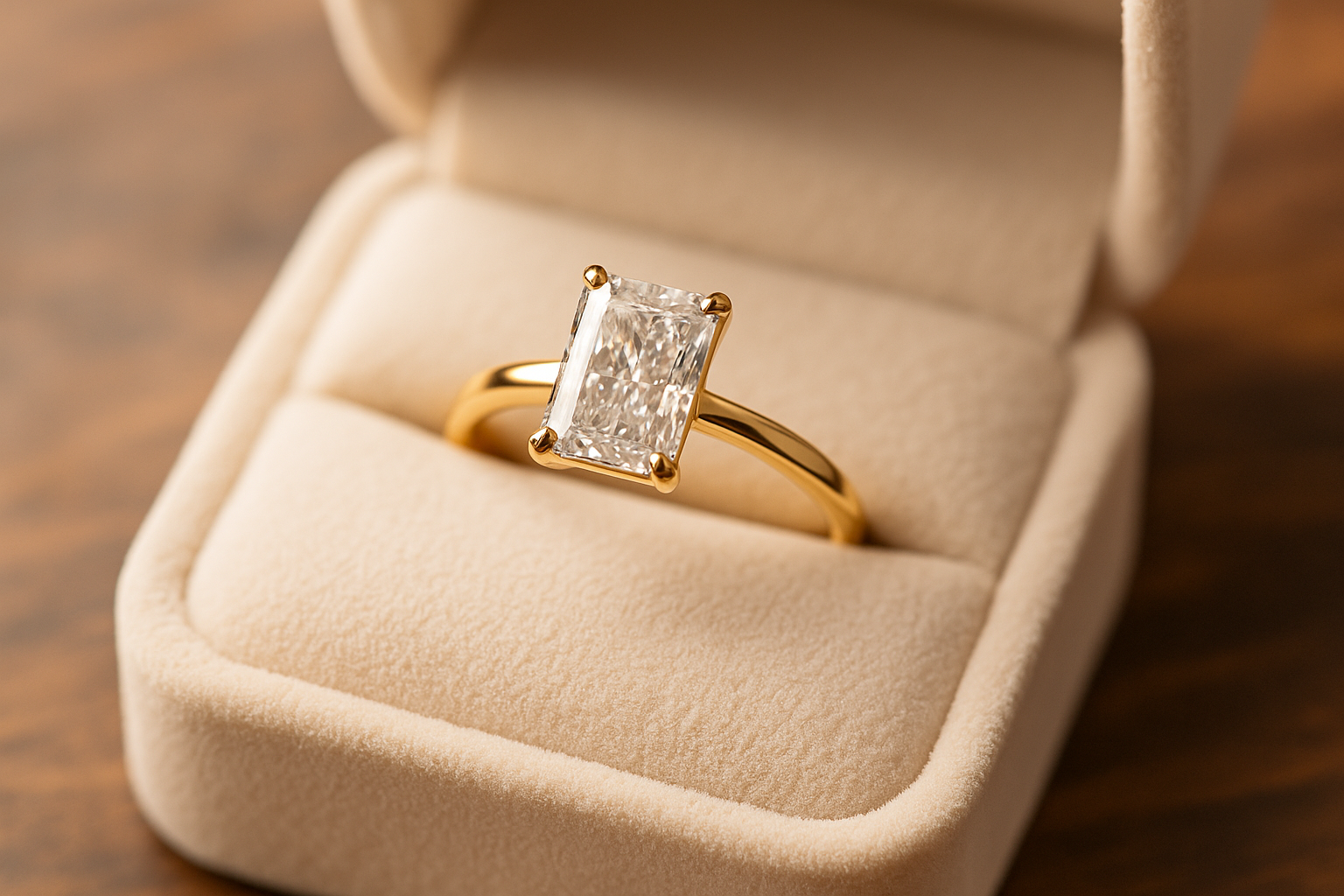 Geltono aukso žiedas su radiant formos deimantu, elegantiškai pateiktas baltos spalvos aksominiai dežutej