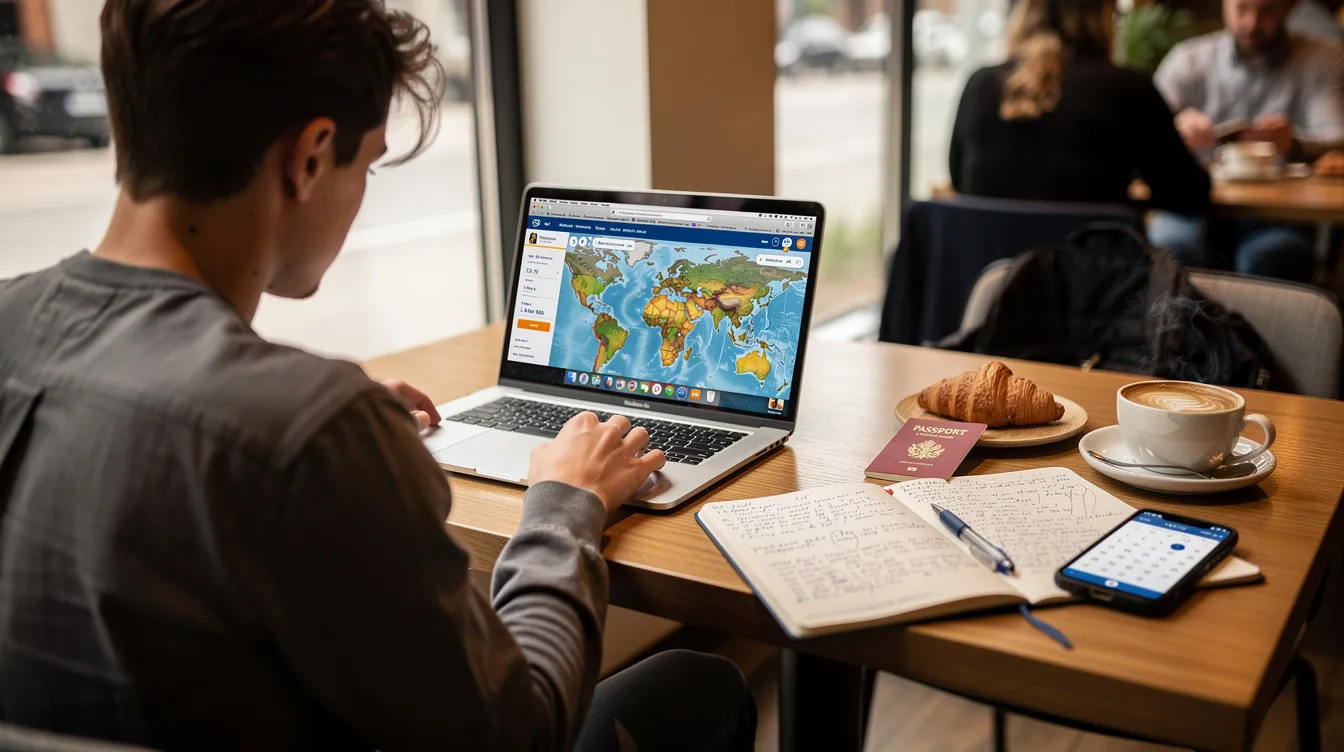 A student is sitting at a cafe table with a laptop and a passport, actively planning their next travel adventure. The scene suggests they might be exploring British Airways offers for students, looking for great deals on flights and holiday packages.