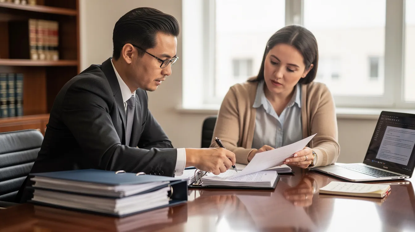 An attorney and a client are engaged in a consultation, reviewing trademark application documents together. They discuss various legal issues related to the trademark registration process, including potential office actions and responses required by the USPTO.