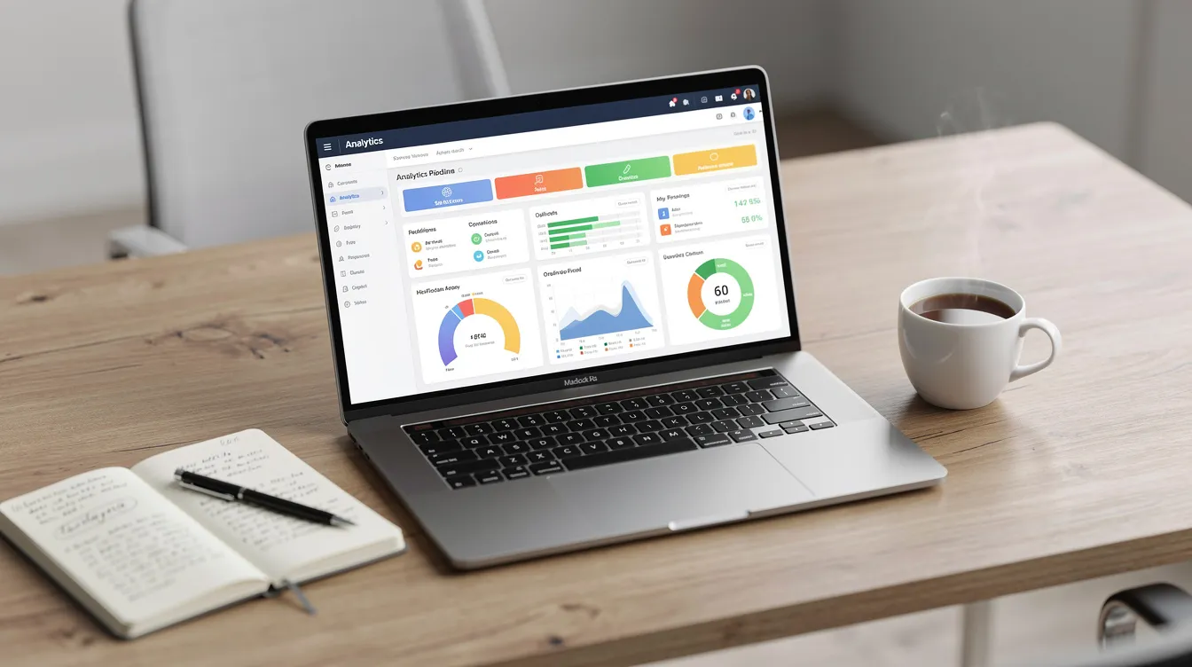 L'image montre un espace de travail professionnel avec un ordinateur portable affichant un tableau de bord de pipeline, une tasse de café et un carnet. Cet environnement est idéal pour un commercial, favorisant la découverte des besoins des clients et l'analyse des performances commerciales.