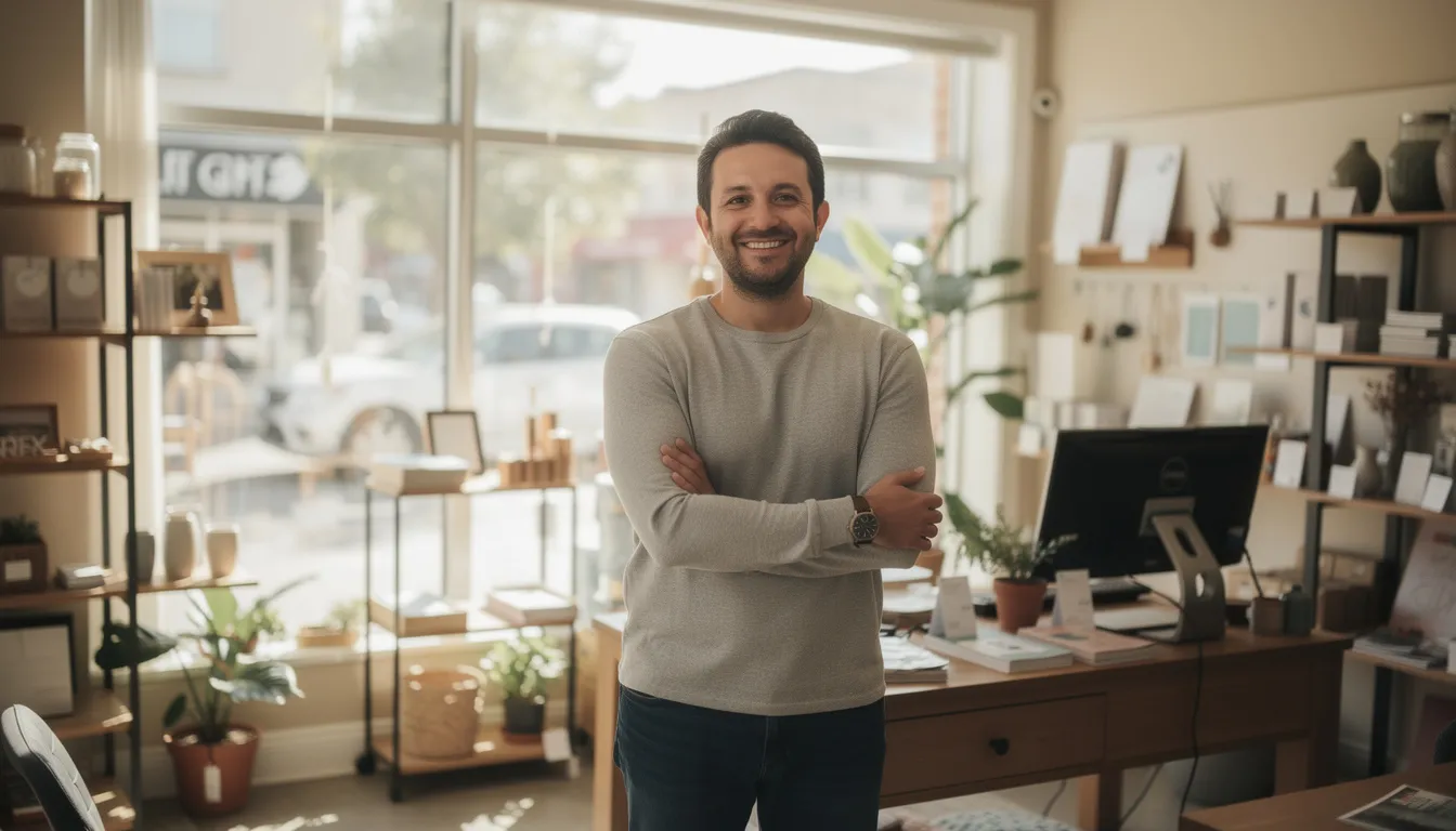 A confident small business owner stands proudly, reflecting success after securing funding, symbolizing the kind of hope to hear back about financing. The image captures the essence of entrepreneurship, emphasizing the importance of reliable resources and assistance in navigating the business landscape.