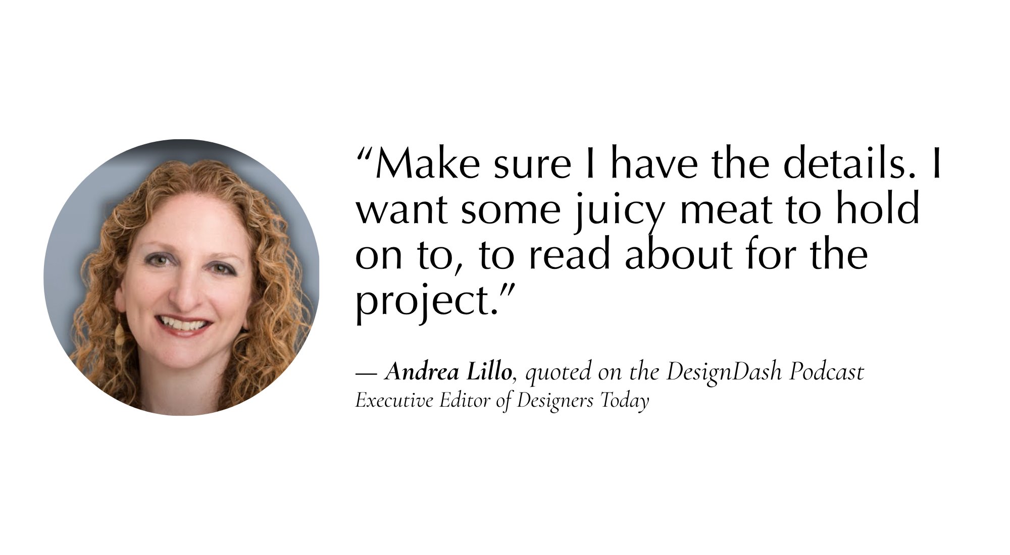a quote from Andrea Lillo with her headshot in a bubble to the left of the text
