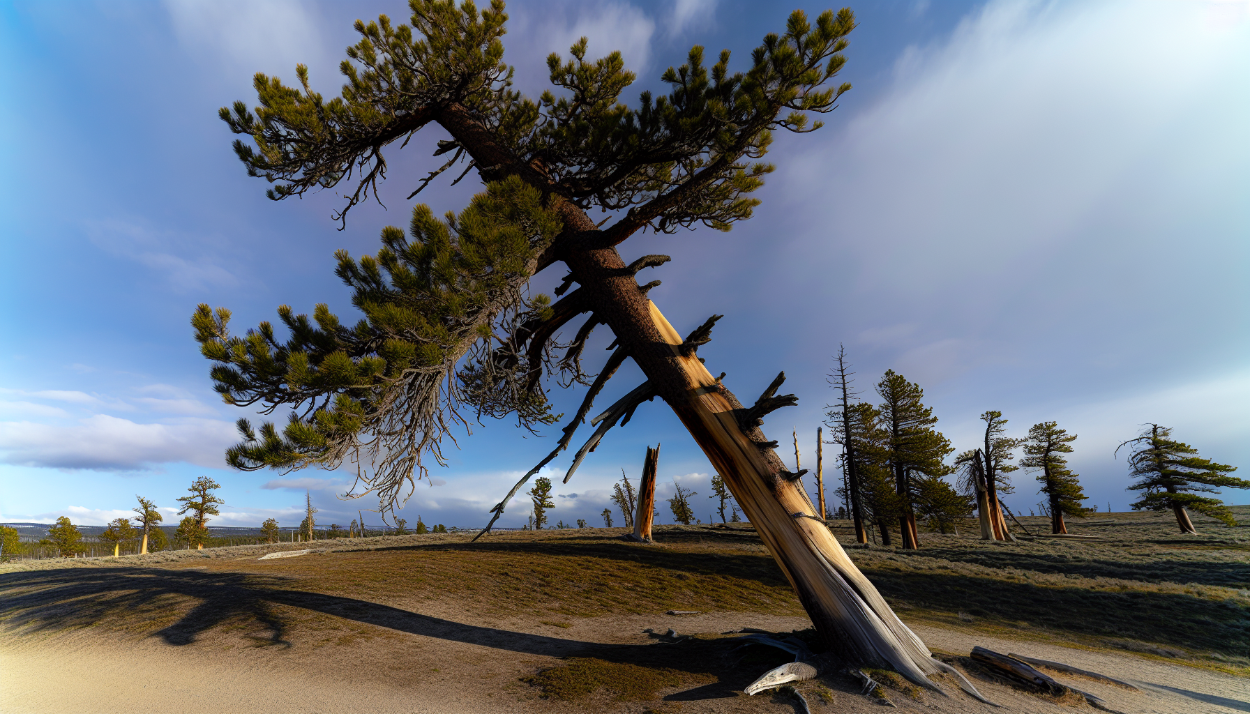 Leaning tree with visible structural issues