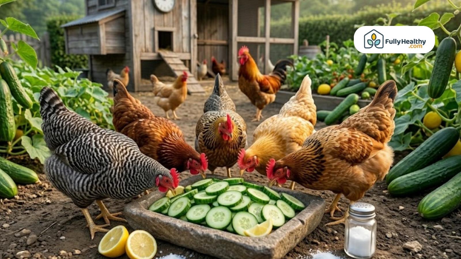 Chickens eating cucumber slices from tray near garden