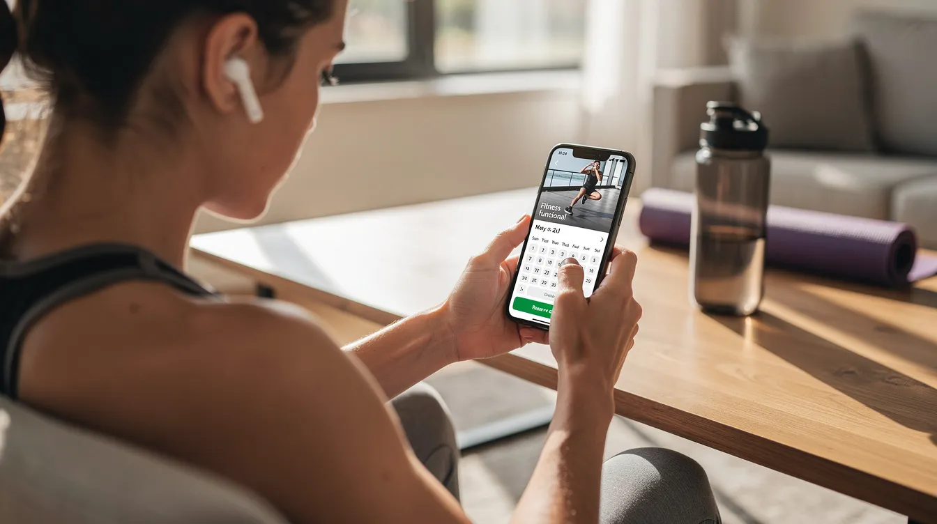 Una persona está utilizando su smartphone para reservar una clase de fitness en un gimnasio, mostrando cómo la tecnología facilita la experiencia de los usuarios en un centro deportivo. Esta acción es clave para la retención de clientes, ya que permite a los miembros acceder fácilmente a la información sobre las actividades disponibles.