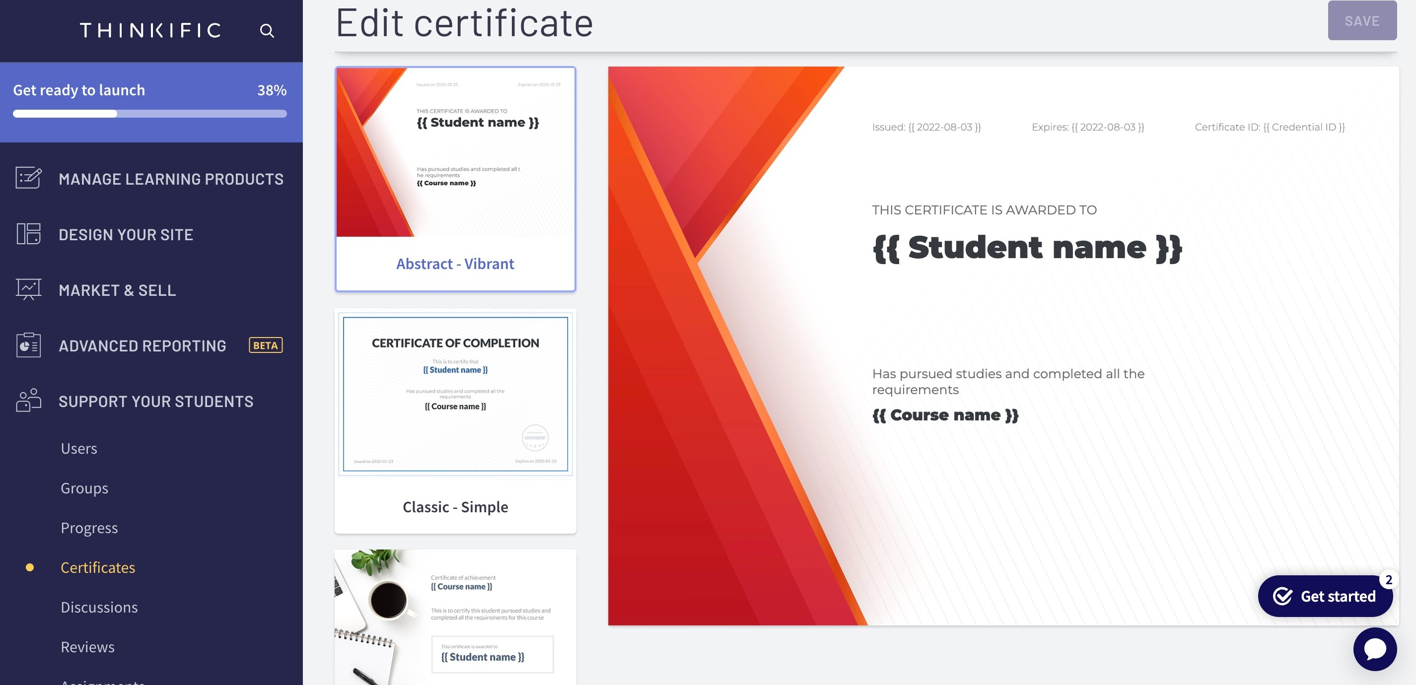 Thinkific review: Screenshot of student certificates showing a modern red and white certificate example.