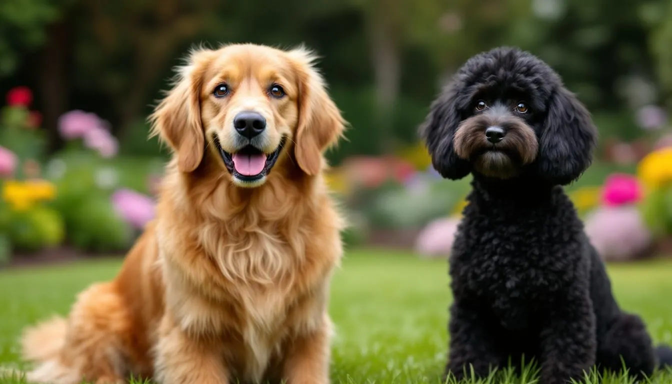 A golden retriever and a poodle sit side by side, showcasing the parent breeds of goldendoodles. The golden retriever has a friendly expression with floppy ears, while the poodle displays its curly coat, illustrating the hybrid breed