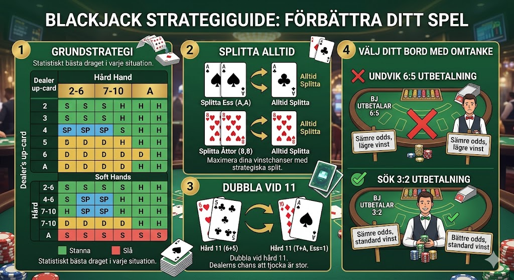 Blackjack strategi guide som visar bästa val för att spela online med split, dubbla och stanna