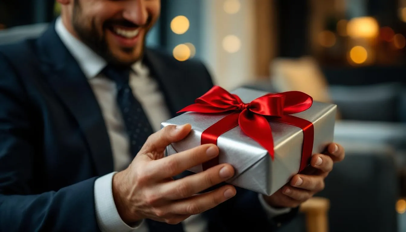 Mężczyzna z uśmiechem otwiera elegancko zapakowany świąteczny prezent, ciesząc się z nadchodzącej radości. To idealny moment, aby podarować wyjątkowy upominek bliskiej osobie na święta Bożego Narodzenia.