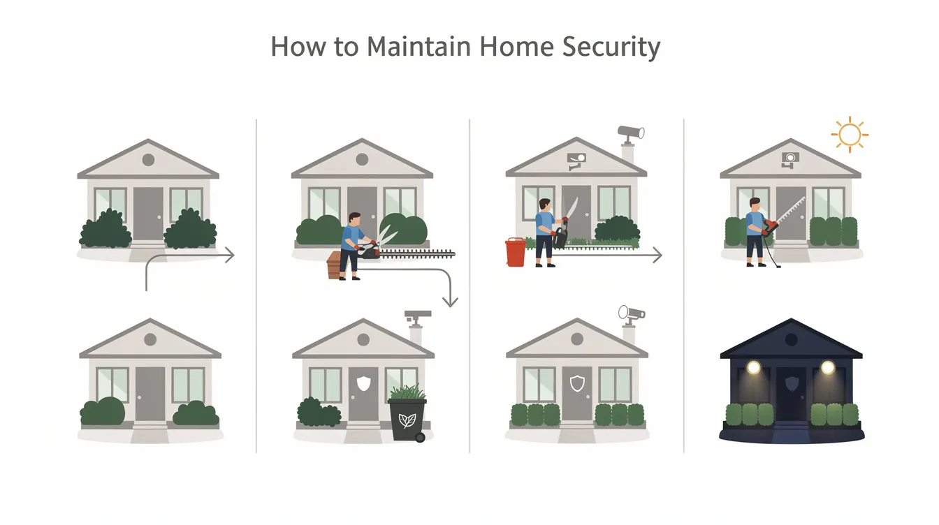 Maintaining outdoor security by trimming shrubs.