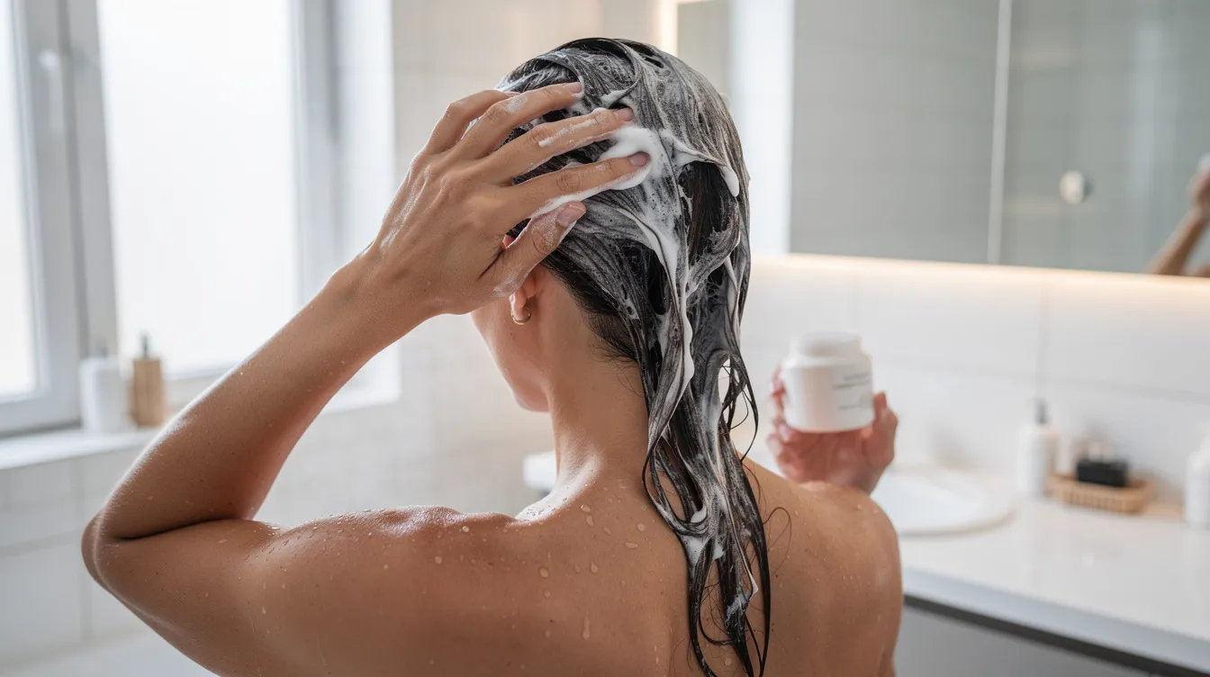 A person is applying a nourishing hair mask to their damp hair in a bright bathroom, focusing on addressing dryness and promoting healthier-looking hair. The treatment aims to improve the condition of damaged and thinning hair, enhancing its overall appearance and vitality.