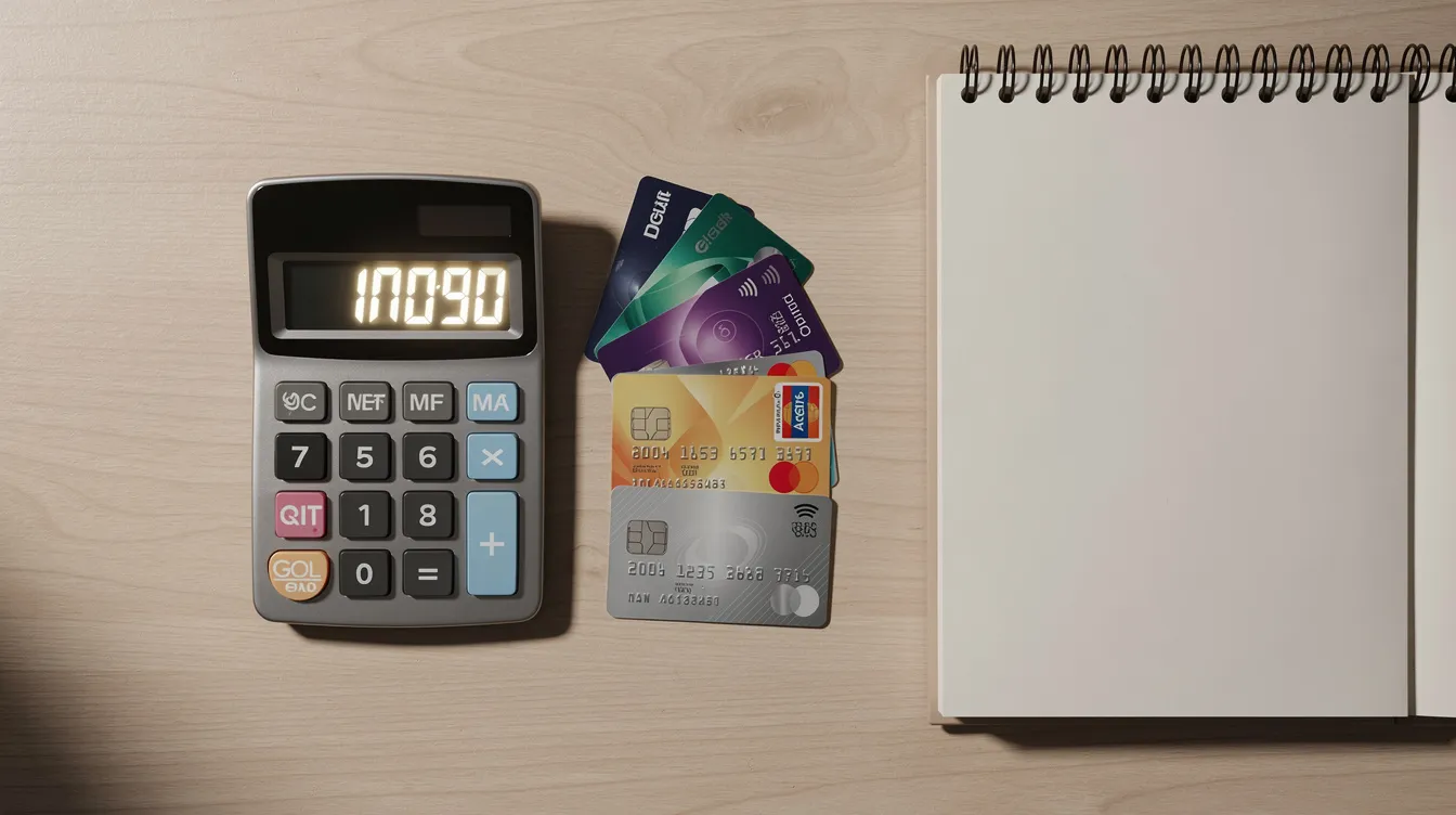 The image shows a calculator placed next to several payment cards and an open notebook, suggesting a financial planning or budgeting theme. This setup may be used for managing credit card balances, loan applications, or calculating monthly repayments.
