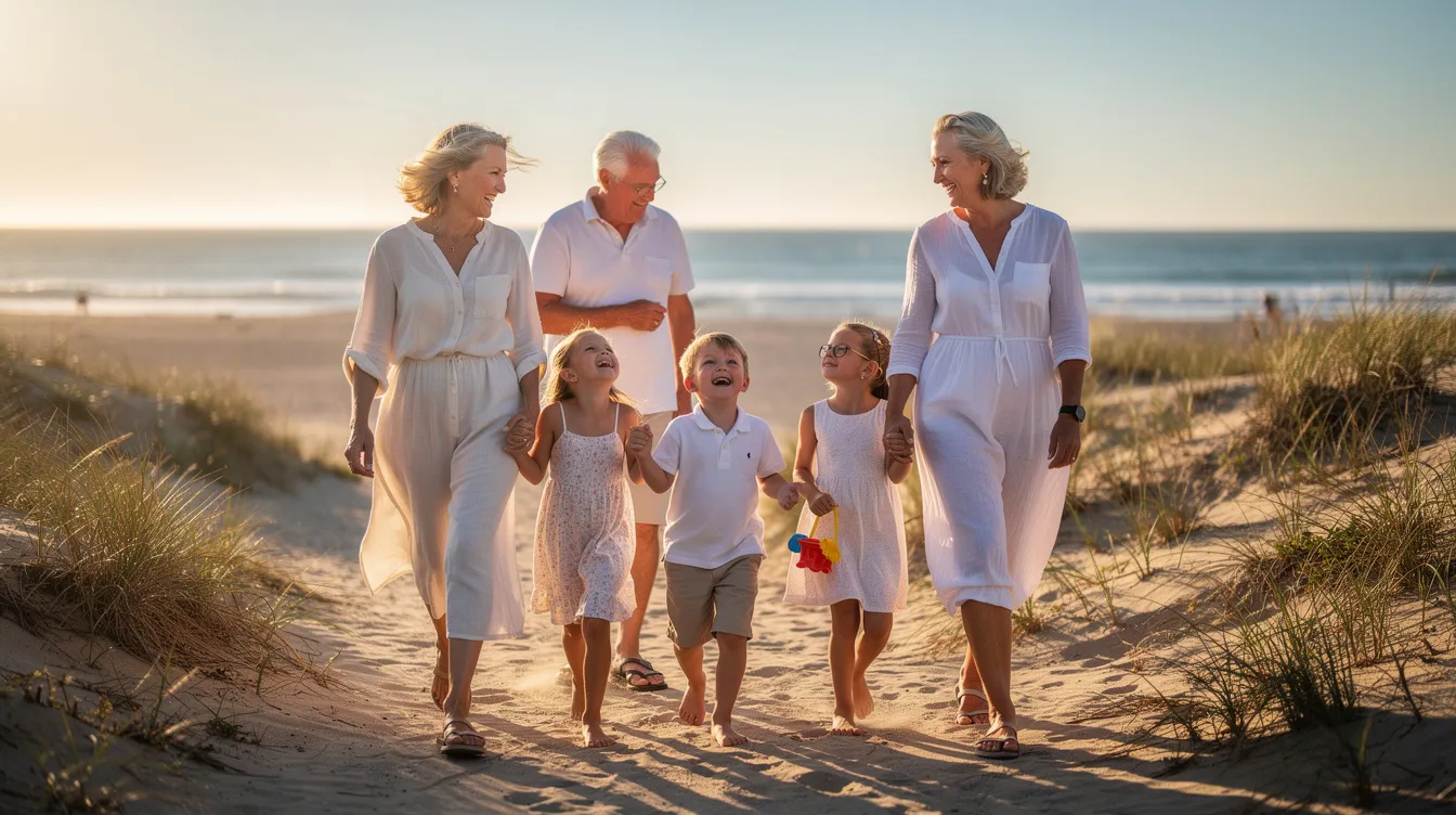 A multigenerational family is walking together along a sunny beach path, enjoying their time outdoors and strengthening their family dynamics. This scene highlights the importance of family relationships and the benefits of family therapy in fostering emotional well-being and healthier connections among family members.