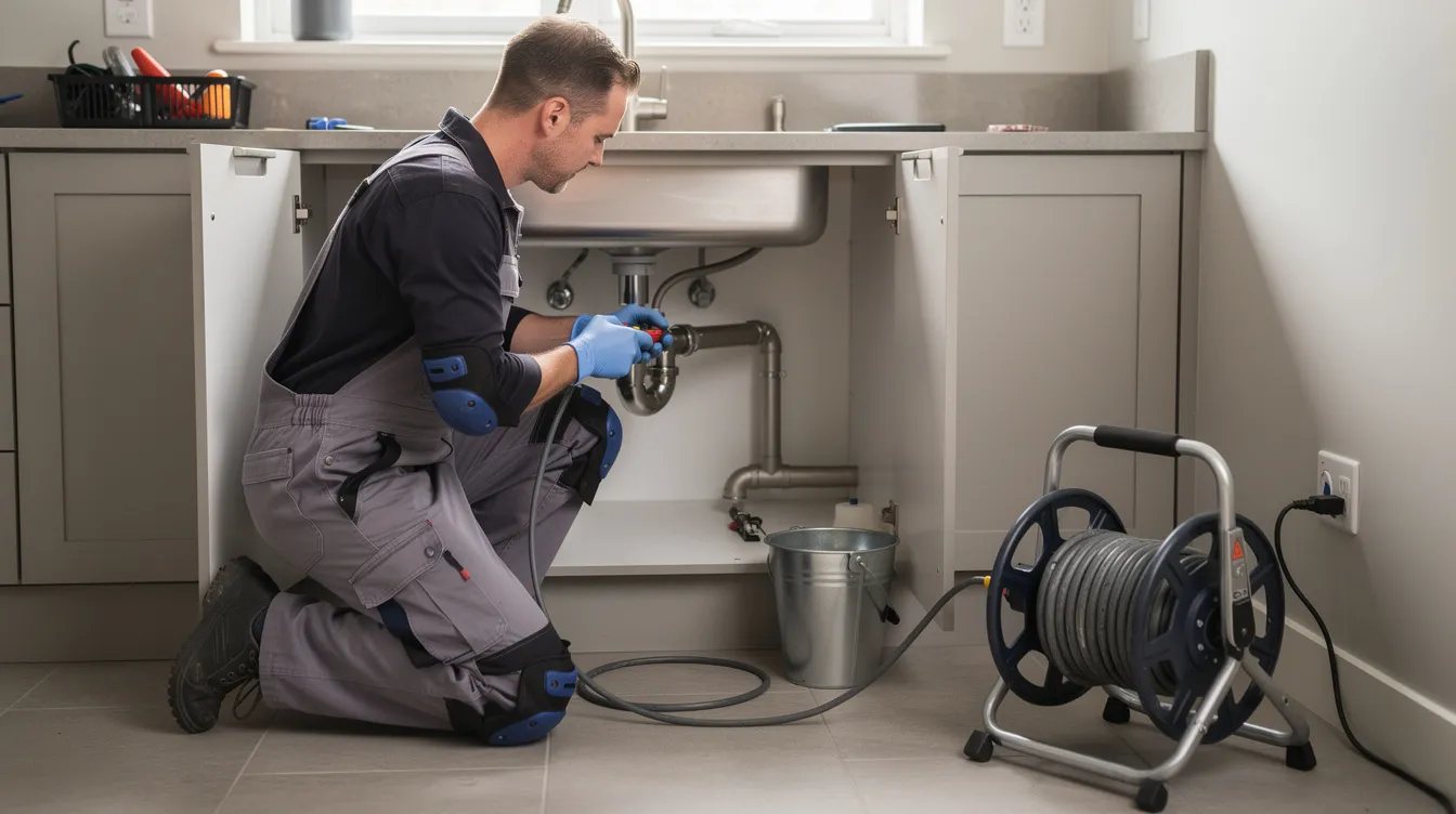 A plumber is using professional drain cleaning equipment to address a clogged drain in a residential kitchen sink. This emergency plumbing service aims to resolve the plumbing problem quickly and prevent further damage.