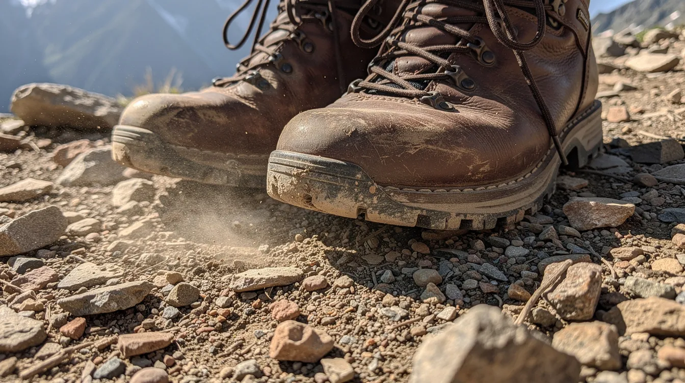 A pair of sturdy hiking boots rests on a rocky mountain trail, surrounded by dust and small pebbles, indicating an adventurous trek in the Atlas Mountains. Travelers should remember to bring prescription medication and a basic first aid kit for adequate medical care while exploring remote areas.