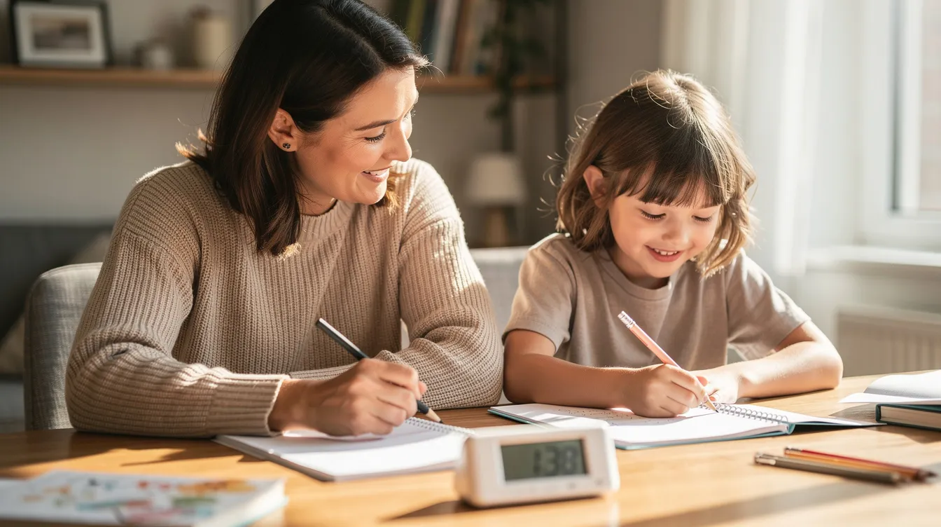The image shows a calm parent and child sitting together at a table, working on academic tasks with a timer visible nearby, both appearing relaxed and engaged. This supportive environment reflects effective parenting tips for helping a child succeed, especially for those who may struggle with learning in particular subjects.