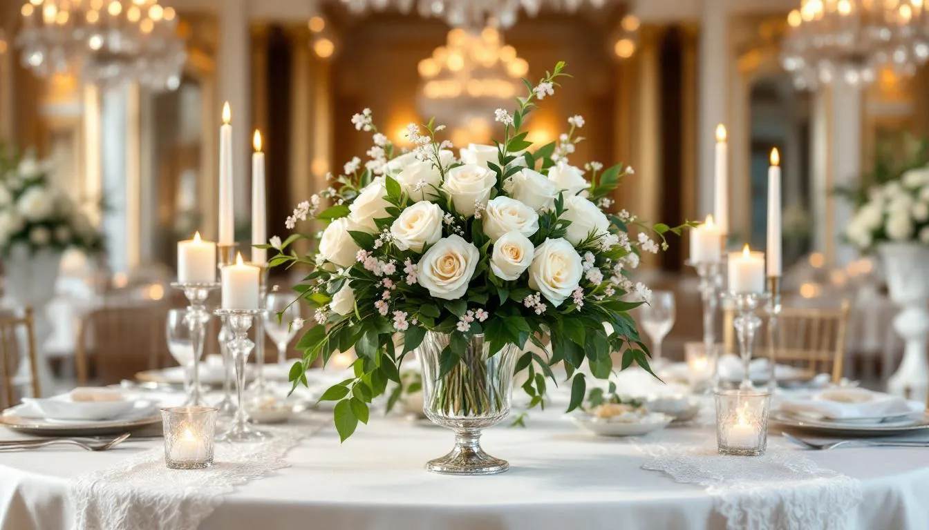 Die elegante Hochzeitstafel ist festlich dekoriert mit wunderschönen Blumenarrangements und strahlt eine romantische Atmosphäre aus, die ideal für Hochzeiten in Mannheim und der Umgebung ist. Die sorgfältige Gestaltung schafft einen perfekten Rahmen für eine Traumhochzeit im Rhein-Neckar-Raum.