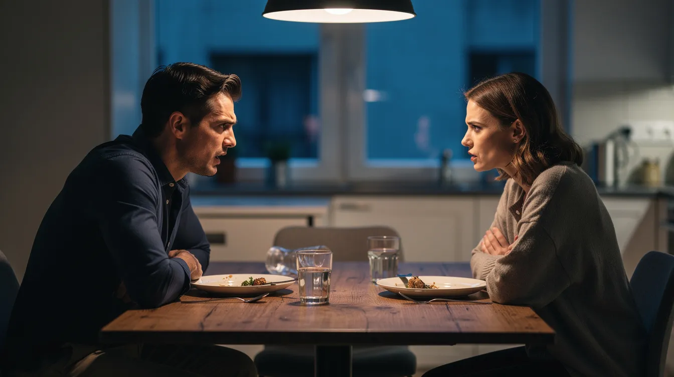 The image depicts two individuals engaged in a tense conversation at a dining table, highlighting the signs of a toxic relationship as their body language reflects discomfort and unresolved issues. This scene serves as a reminder of the importance of communication skills and emotional safety in interpersonal connections.