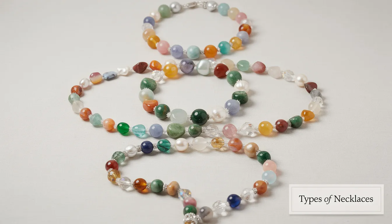 The image showcases a variety of beaded necklaces, featuring stunning colours and styles such as chokers, princess-length, and lariat designs. Each necklace is adorned with rainbow beads and crafted from diverse materials like glass and semi-precious stones, offering a beautiful spectrum that enhances any outfit.