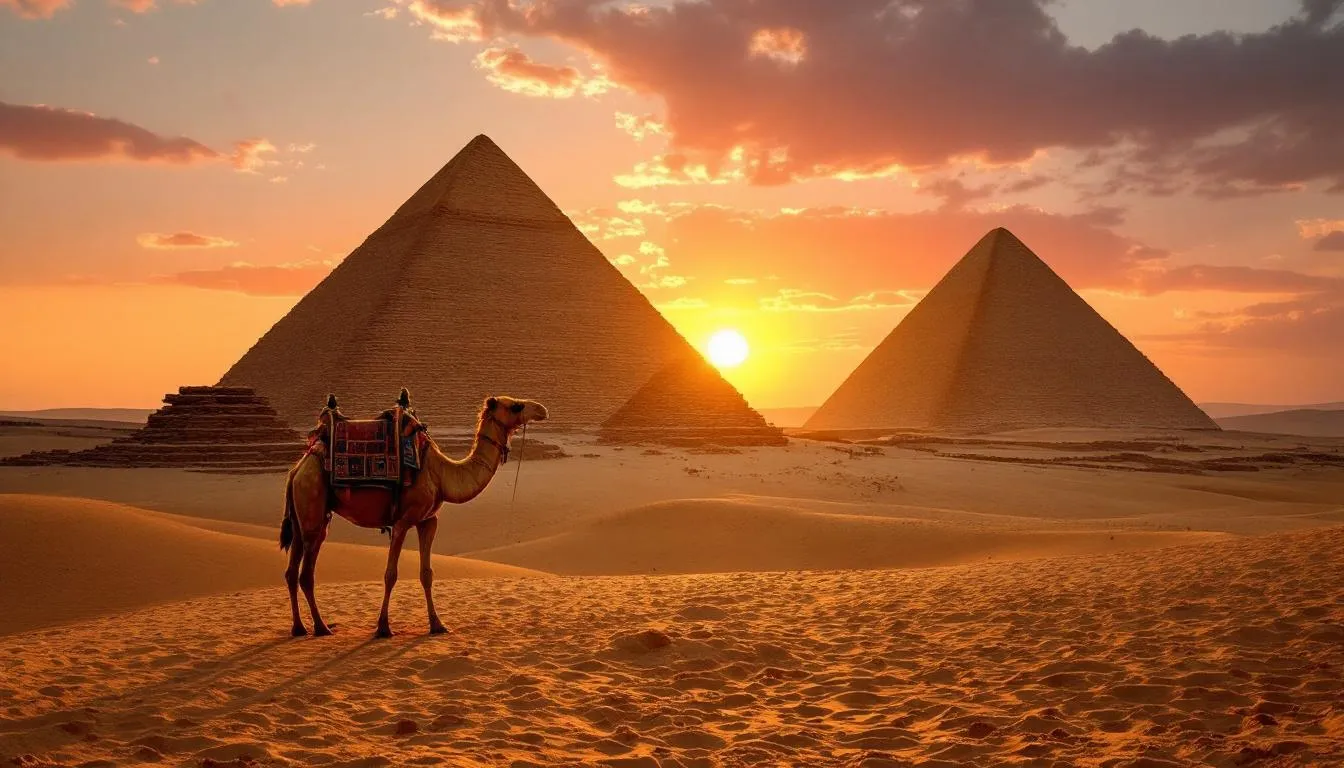 Imagem das pirâmides de Gizé ao pôr do sol, com camelos em primeiro plano, criando uma cena típica do antigo Egito. As sombras longas e as cores quentes do céu ressaltam a grandiosidade das pirâmides, que são um dos principais pontos turísticos do Egito e um importante patrimônio mundial.