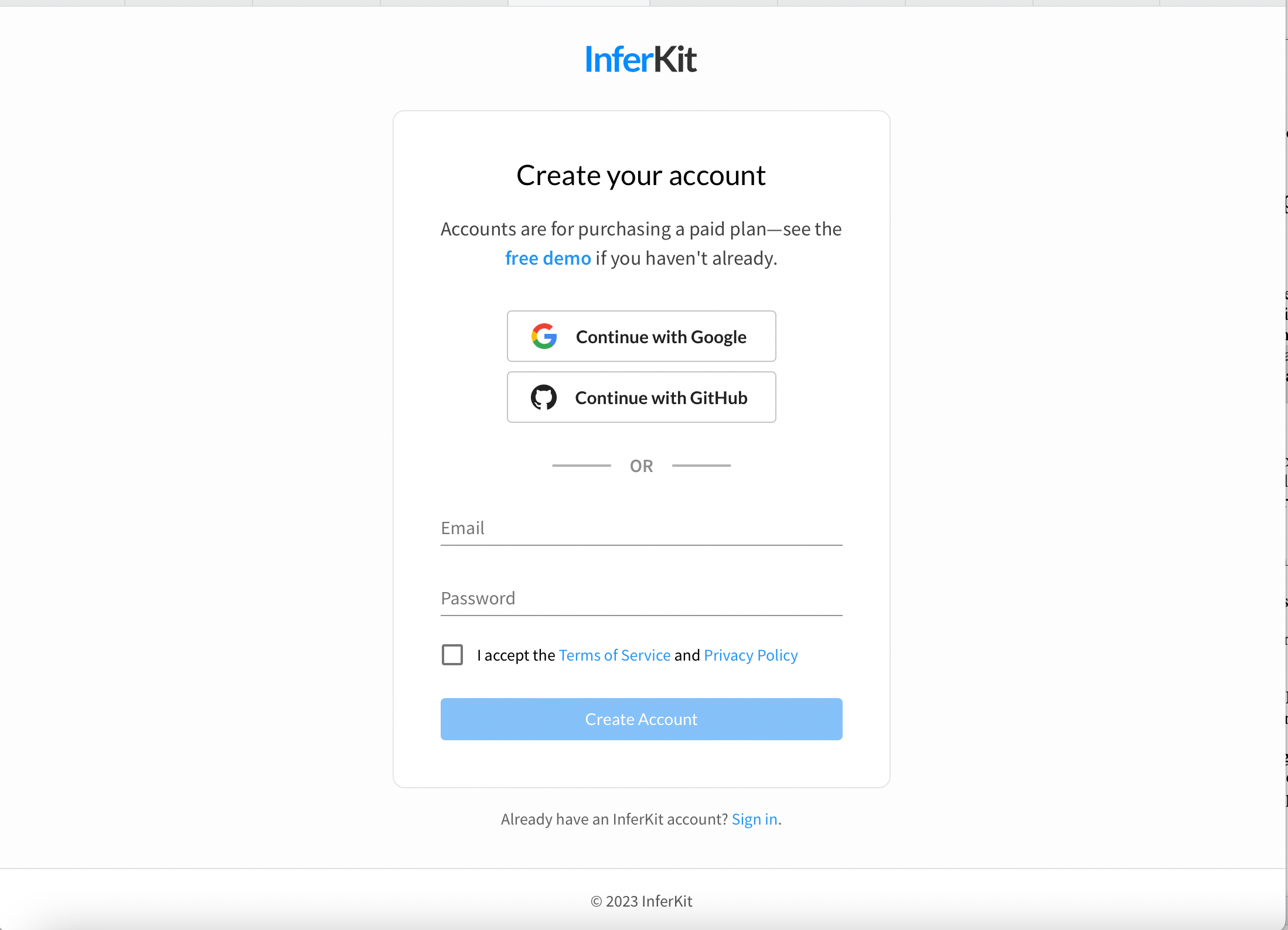 Inferkit sign up page