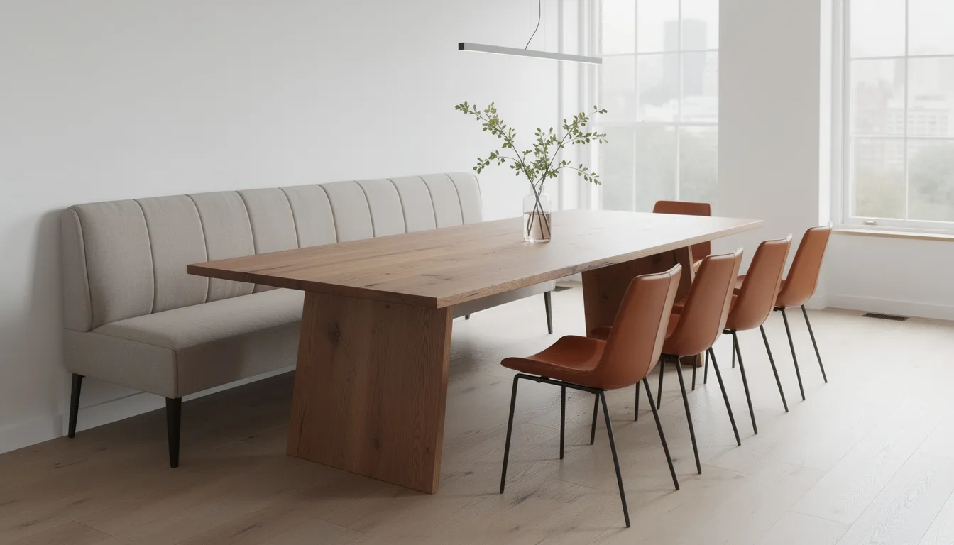 In de eetkamer staat een lange houten eettafel, omringd door een gestoffeerde eetkamerbank aan de ene kant en comfortabele leren eetkamerstoelen aan de andere kant. Deze inrichting creëert een warme en uitnodigende sfeer, ideaal voor het samenzijn met familie en vrienden.