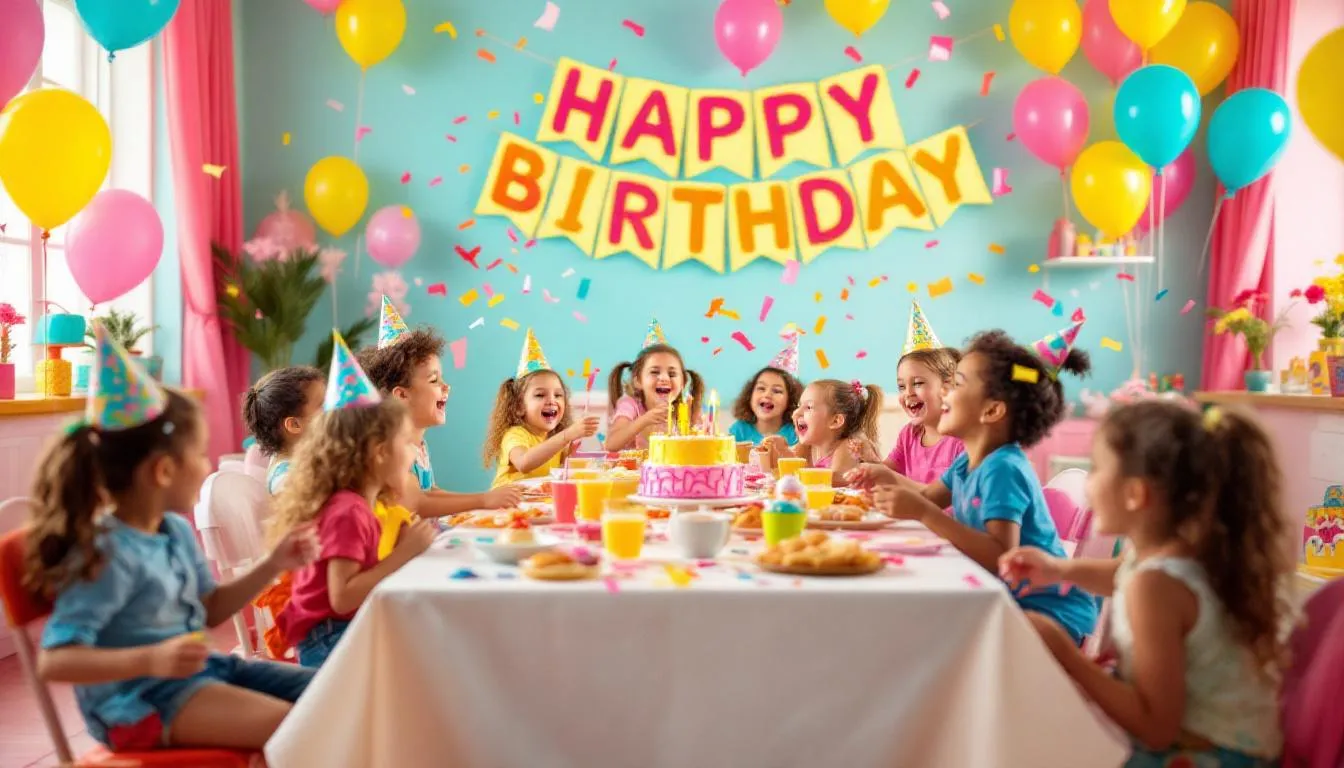 A colorful kids’ birthday party with assorted snacks and decorations. The table has salads, skewers, and sweet treats—classic examples of party catering.