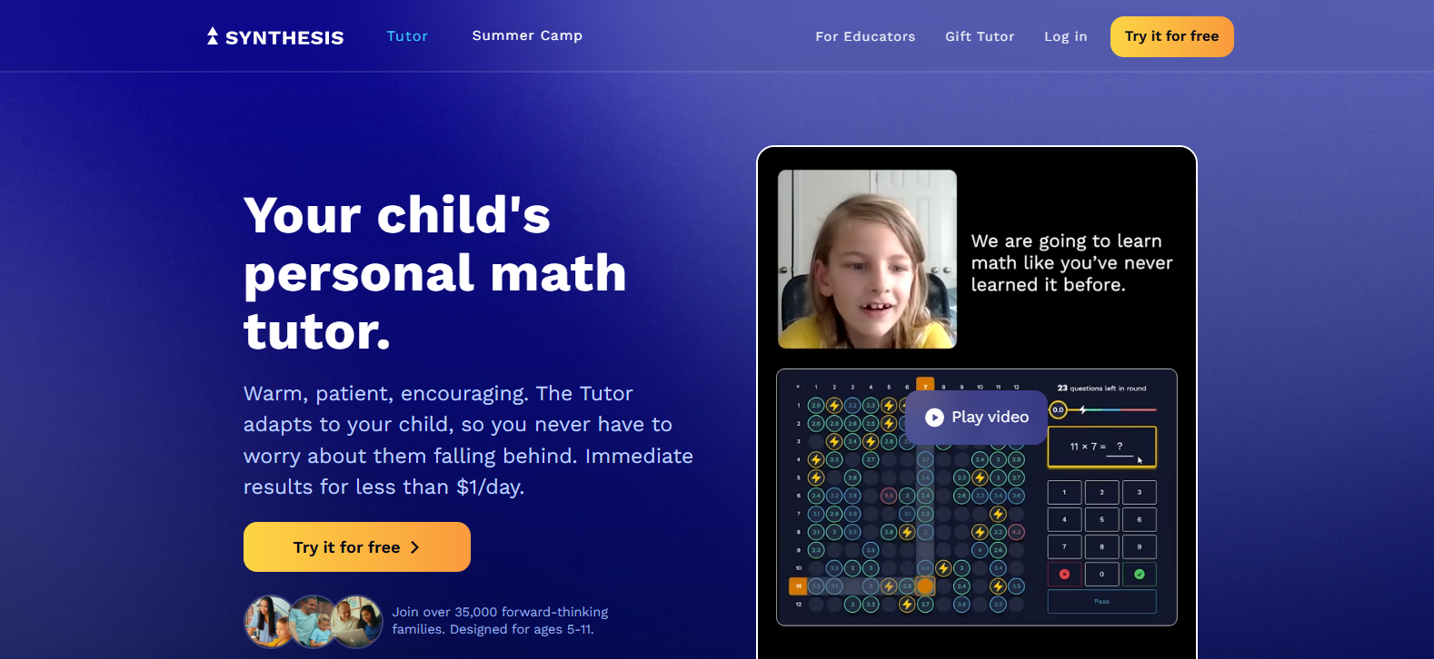 Synthesis AI math tutor platform providing personalized one-on-one math learning and adaptive tutoring for elementary school students.