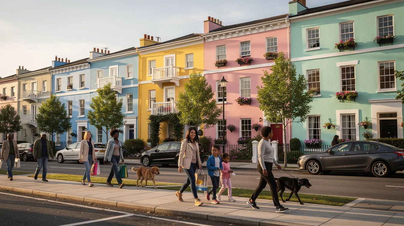 The image depicts a vibrant residential street in central London, featuring colorful townhouses and people strolling along the sidewalk. This lively scene captures the essence of London's charm, perfect for a first-time visit or a self-guided walking tour.