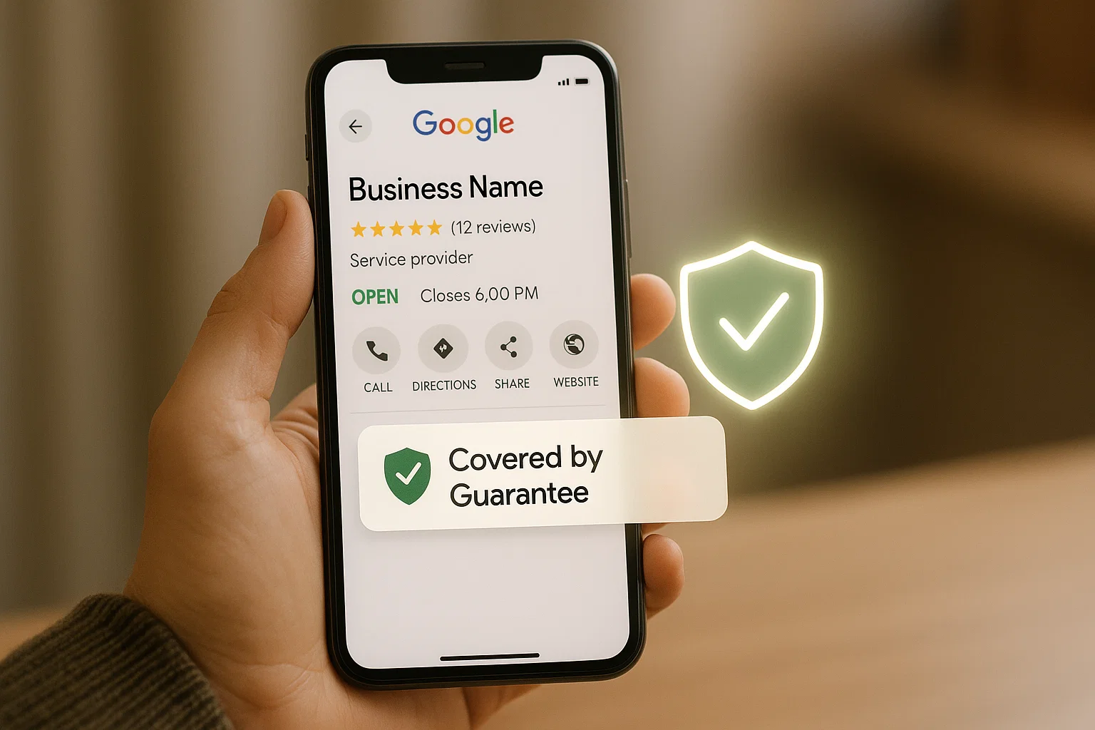 Google Guarantee protection shown with a trust shield icon beside a local business listing.