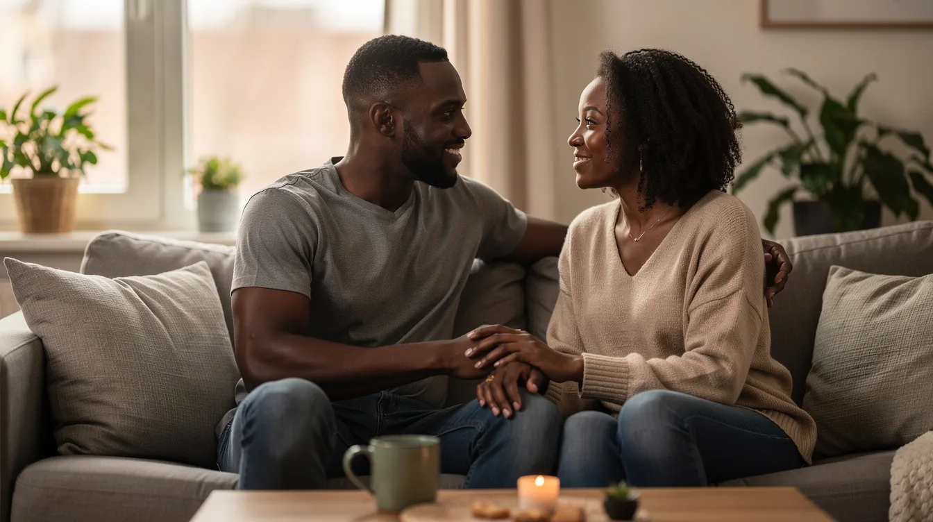 The image depicts a black couple engaged in a warm conversation, showcasing healthy communication and mutual respect in their relationship. They appear comfortable and connected, highlighting the importance of emotional intelligence and shared interests in fostering a strong and meaningful bond.