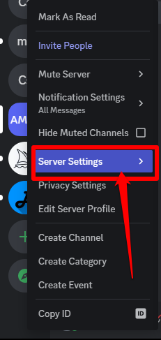 The server settings tab on the Discord app
