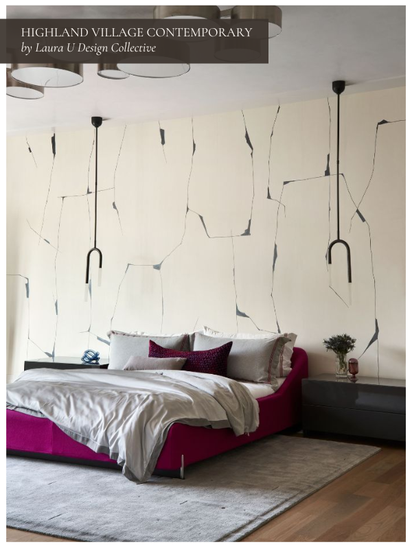 Highland Village contemporary black and white interior with a pink bed to complete it