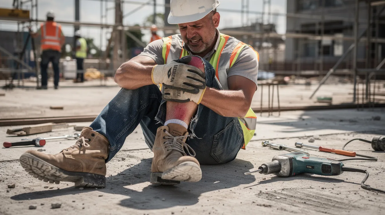 A worker is seen holding his injured knee while surrounded by various tools on a job site, highlighting the reality of a work-related injury. This situation may lead to a workers compensation claim, where the injured worker could seek benefits for medical treatment and lost wages under Colorado workers comp regulations.